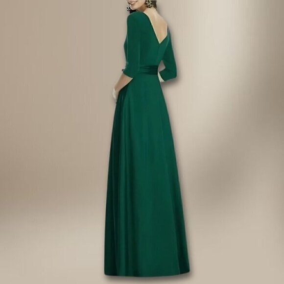Alfred Sung Wrap Style Gown Long Sleeve V Neck Jersey Mikado Hunter Green W 2 - Picture 1 of 2